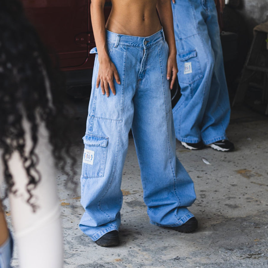 GIRLS WIDE JEANS WASHED BLUE