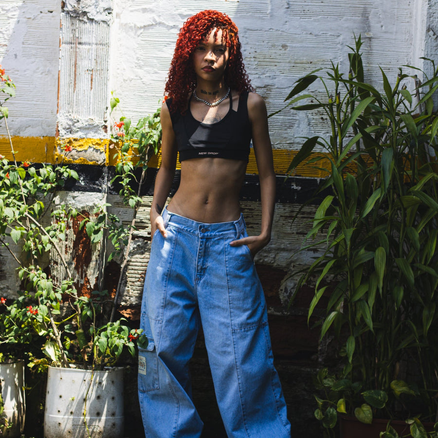 GIRLS WIDE JEANS WASHED BLUE